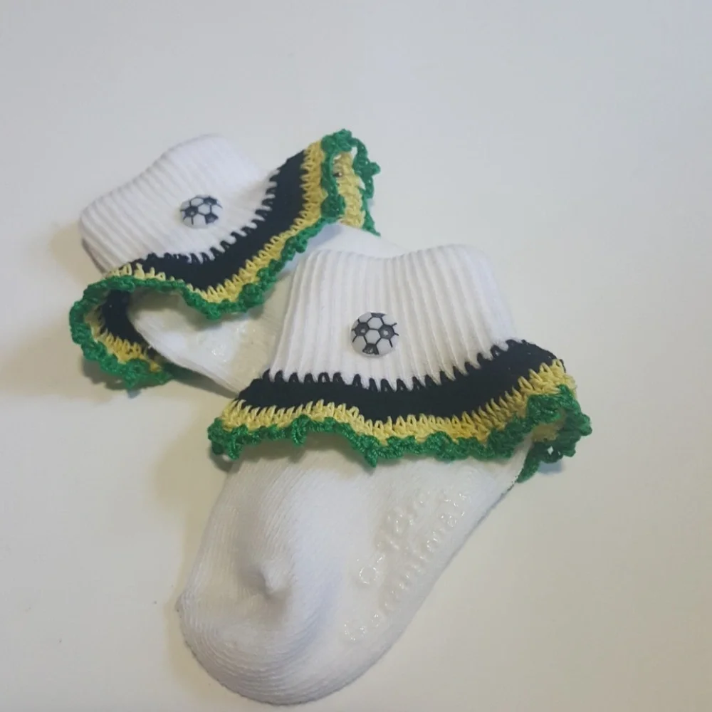 Handmade Crocheted Jamaica Soccer Ball Baby Socks- Size 6-18 Months